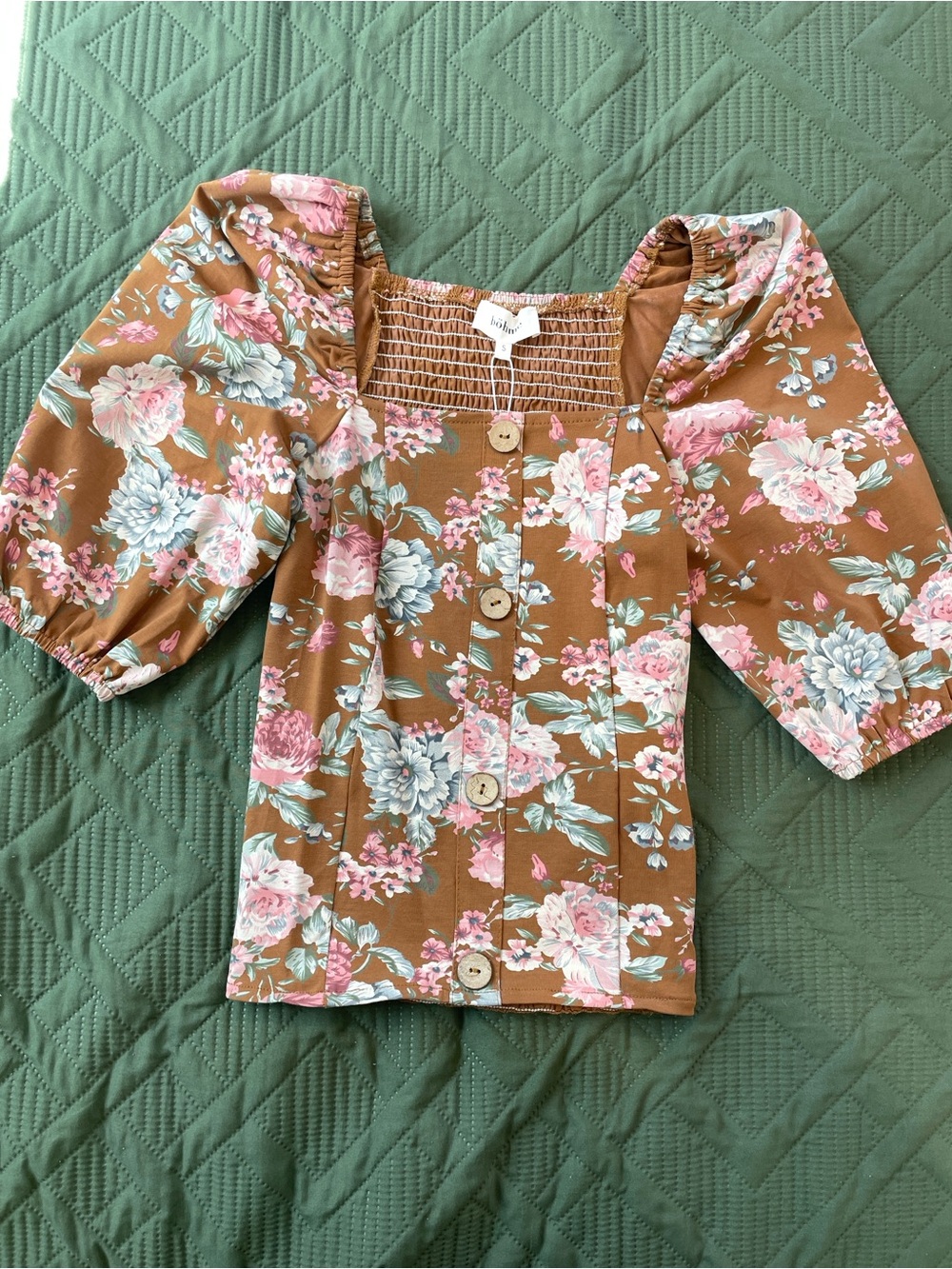 Bohme Brown Floral Puff-Sleeve Button Front Blouse